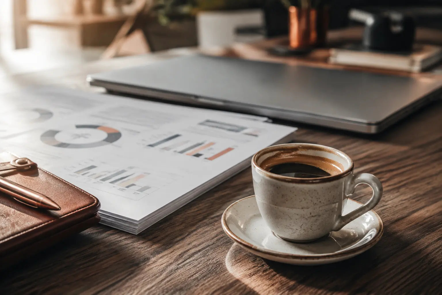 Espresso, organized reports, and a laptop on a work desk