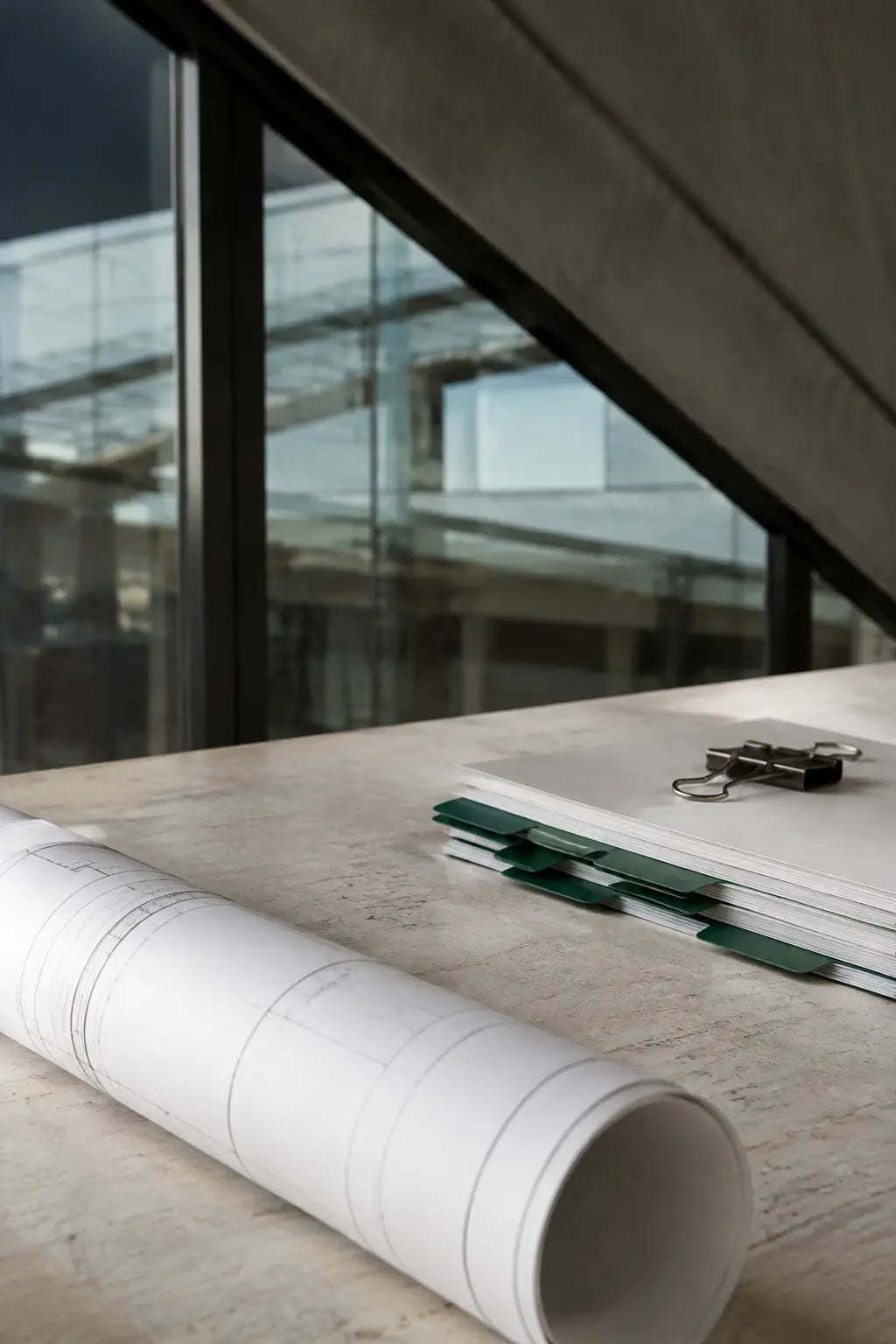 Organized documents and architectural plans on a work surface